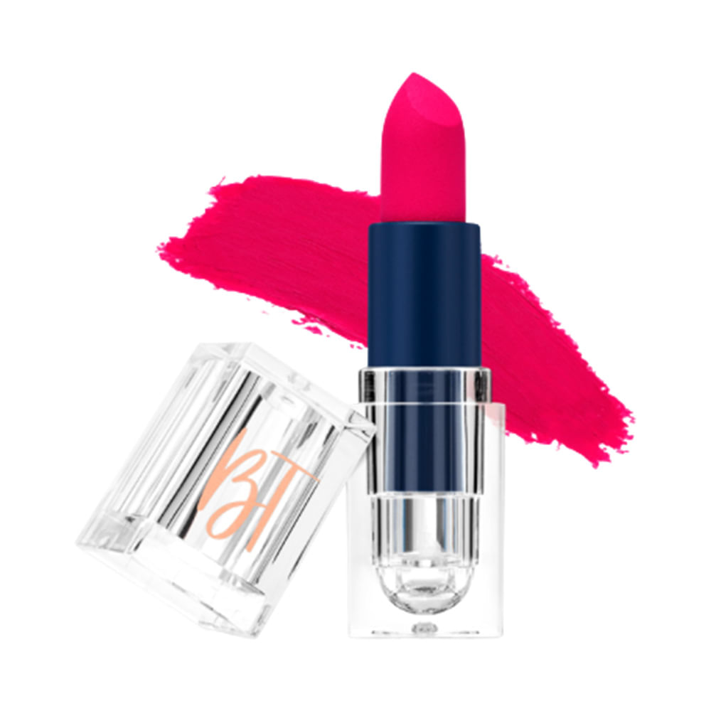 Batom Bruna Tavares BT Lux Isa com embalagem transparente e detalhes em azul escuro, cor rosa vibrante